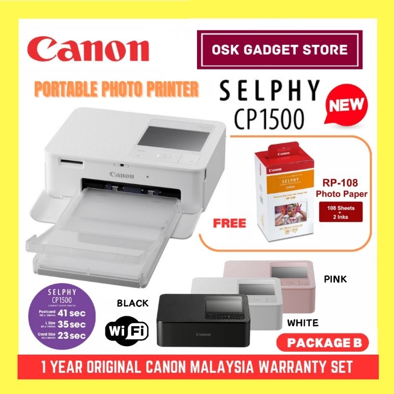 Canon CP1500 Portable Selphy Photo Printer Print From SD Card USB & Computer Wifi 1 Year