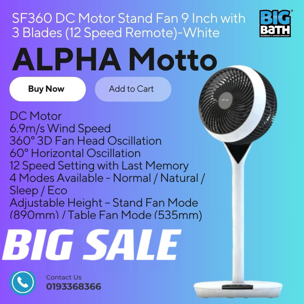 ALPHA Motto SF360 DC Motor Stand Fan 9 Inch with 3 Blades (12 Speed