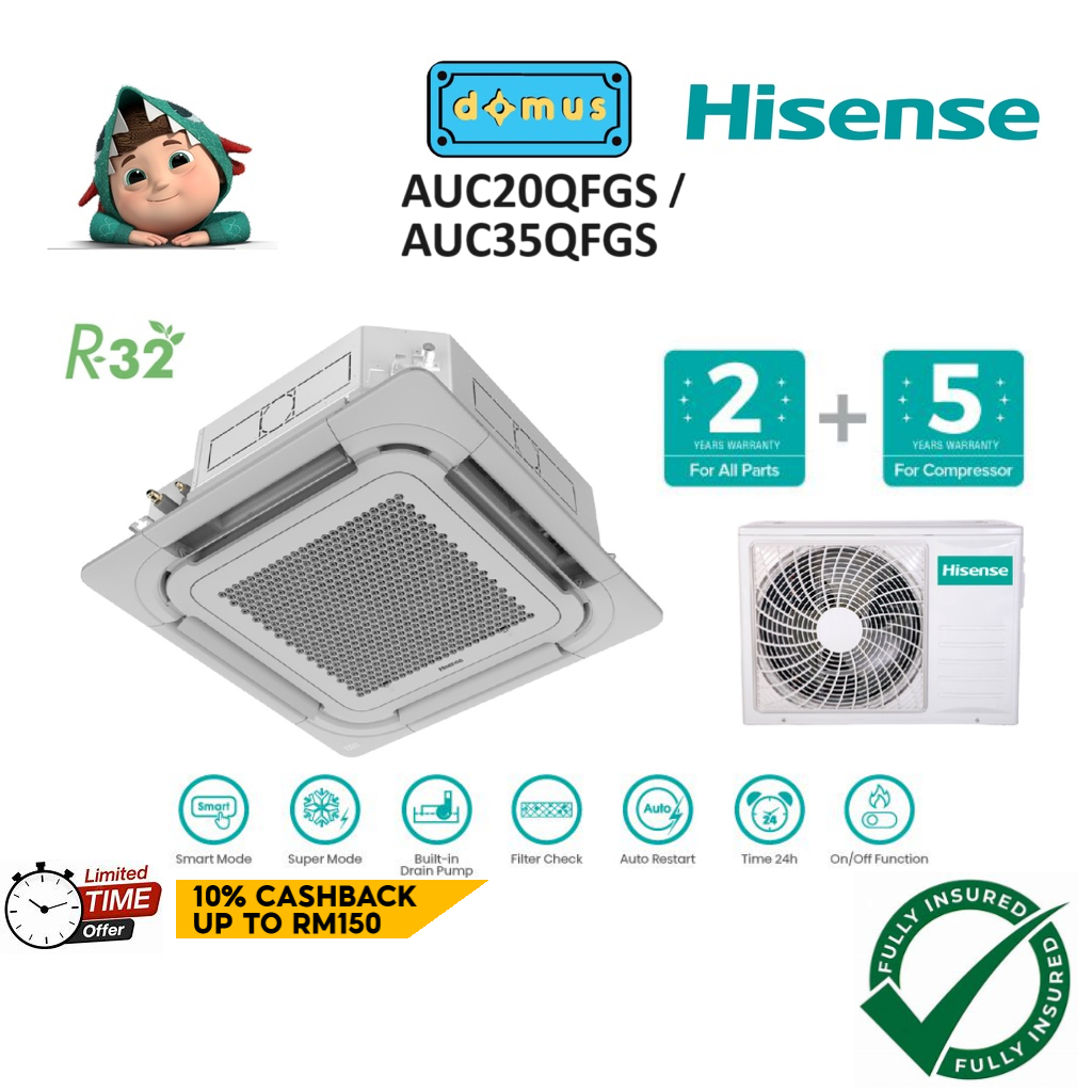 Hisense Ceiling Cassette Aircond R32 Non Inverter 2hp 3 5 Hp Auc20qfgs Auc35qfgs Shopee Malaysia