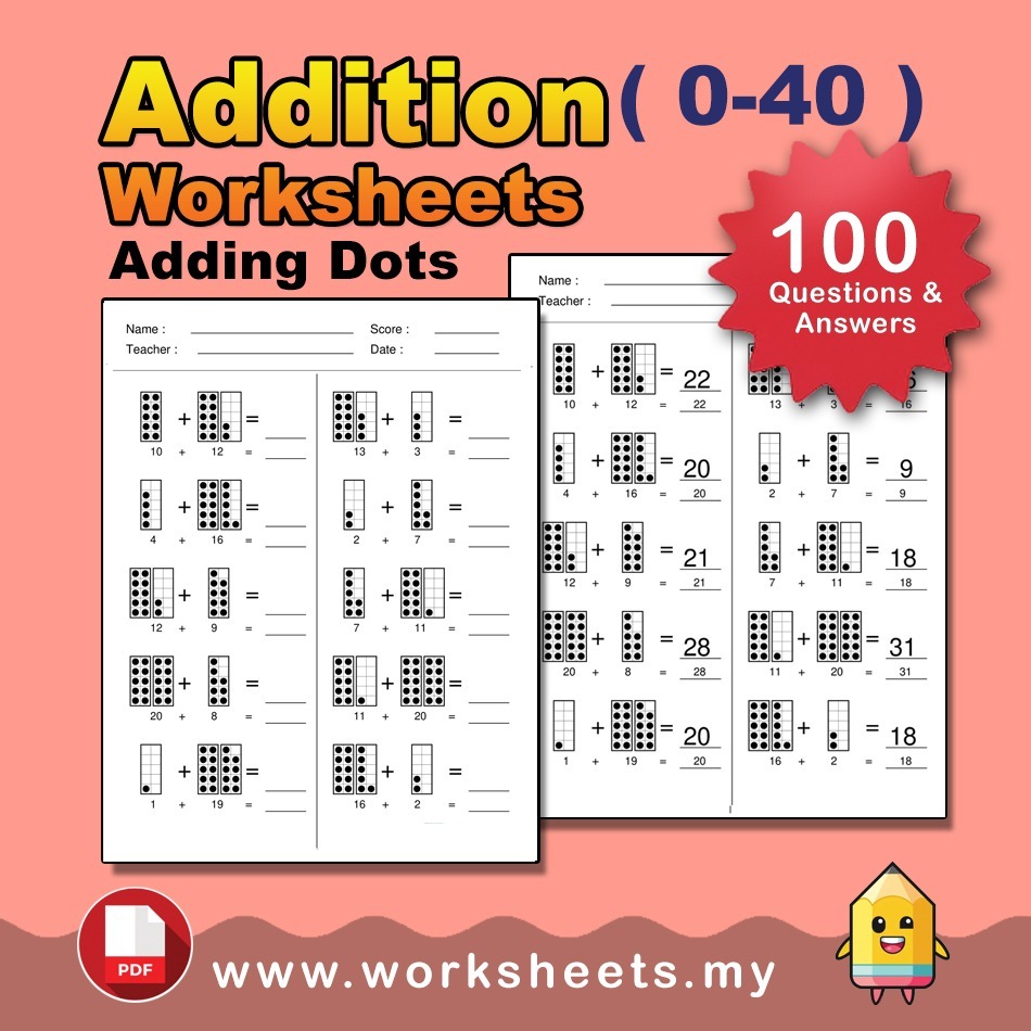 IGCSE Math ADDITION: Adding Dots Worksheets (0-40) 400 Q+A | IGCSE