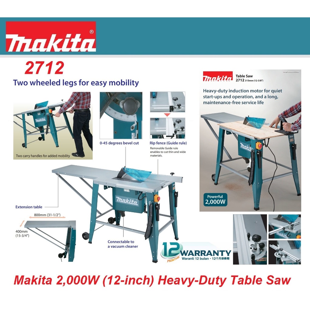Makita 2712 (2000-watt) 12-inch / 315mm Heavy Duty Job Site Table Saw ...