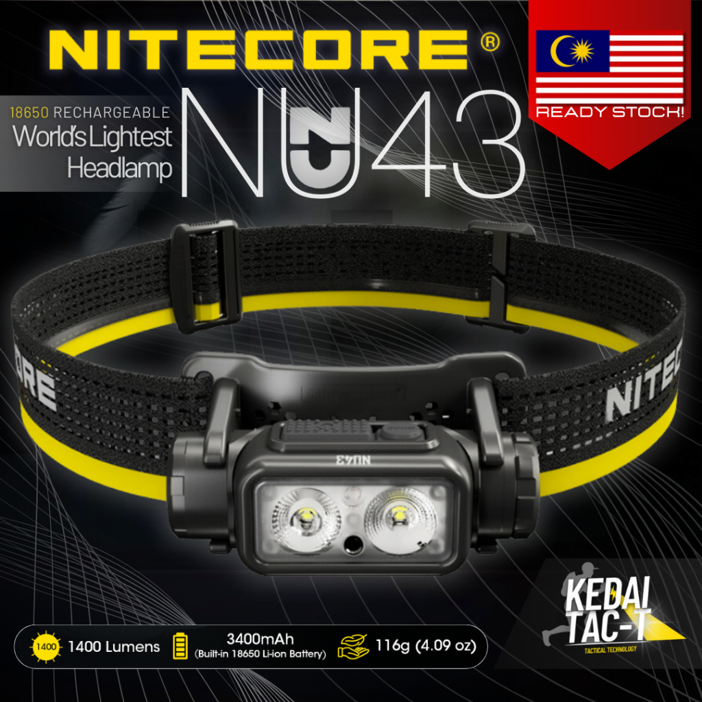 Nitecore NU43 Lampe Frontale Ultra Légère 1400 Lumens – Batterie 3400 MAh Rechargeable USB-C, Triple Sortie Lumineuse, Bandeau Confort Anti-Sueur