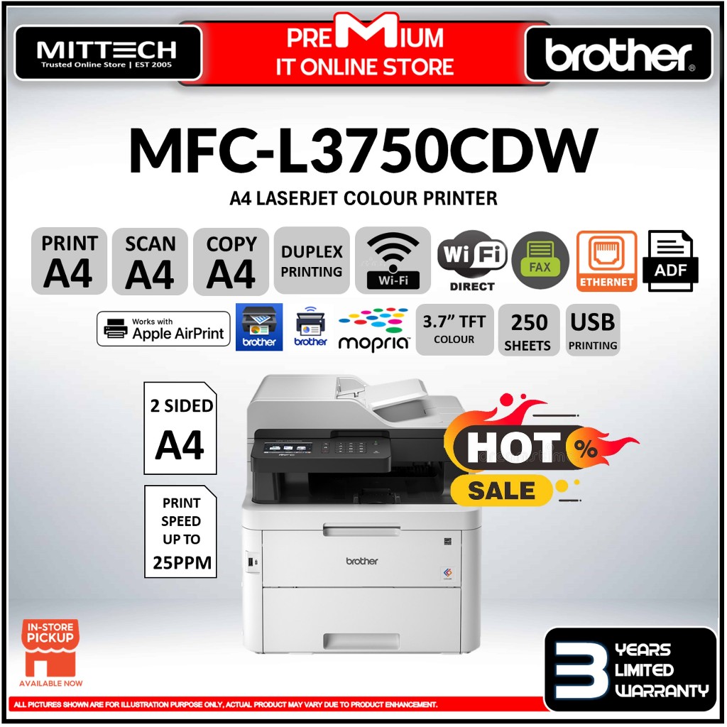 Brother Colour Laserjet Printer MFCL3750CDW All in One A4 Wireless LED