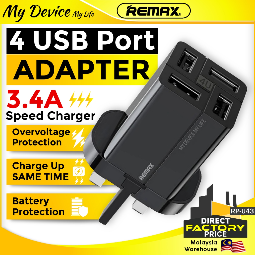 REMAX RP-U43 4 USB Port 3.4A Chargers Fast charging Adapter Kepala ...