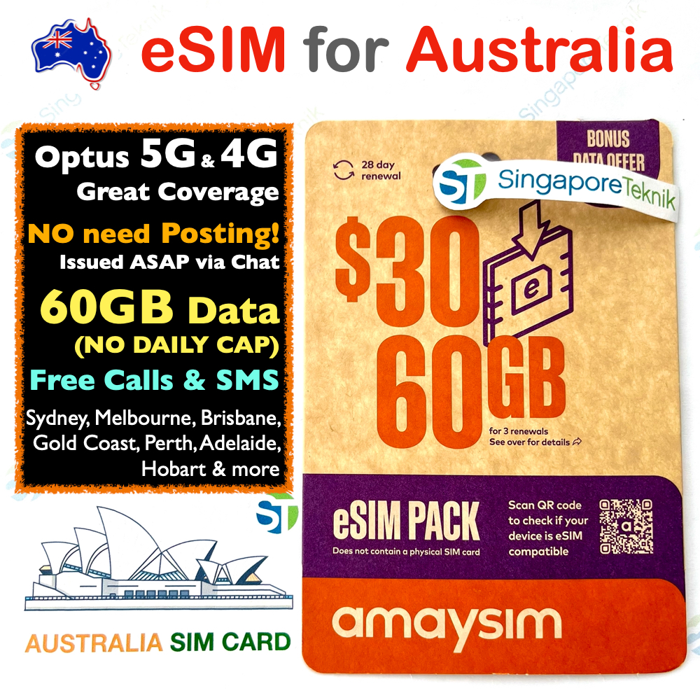 AUSTRALIA ESIM 60GB DATA 5G 4G Prepaid SIM Card Optus AU Sydney Melbourne Perth Brisbane Gold
