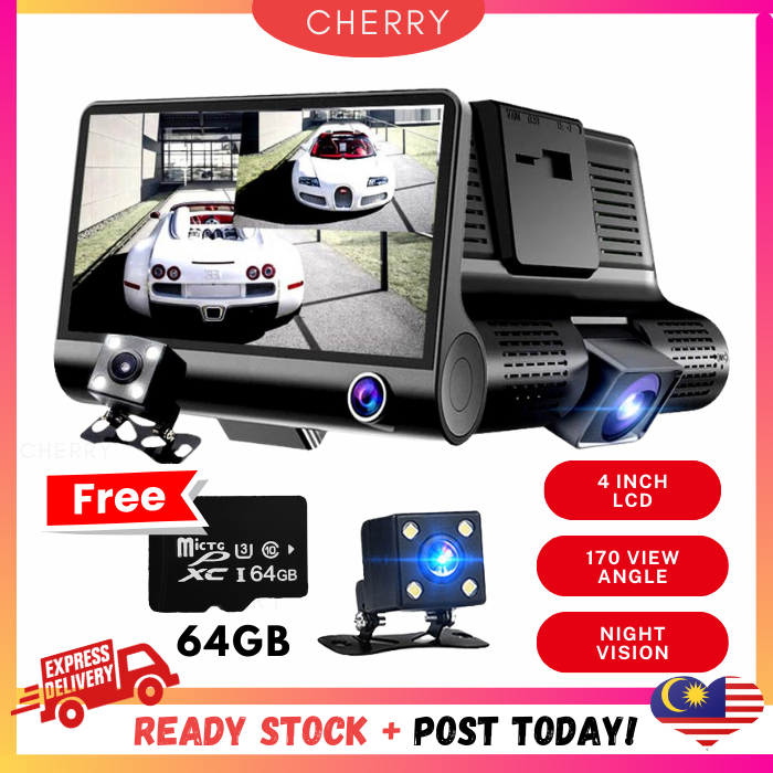 🍒CHERRY🍒 FREE 64GB CARD 4 Inch 3 Lens Dash Cam 1080P Full HD DVR ...