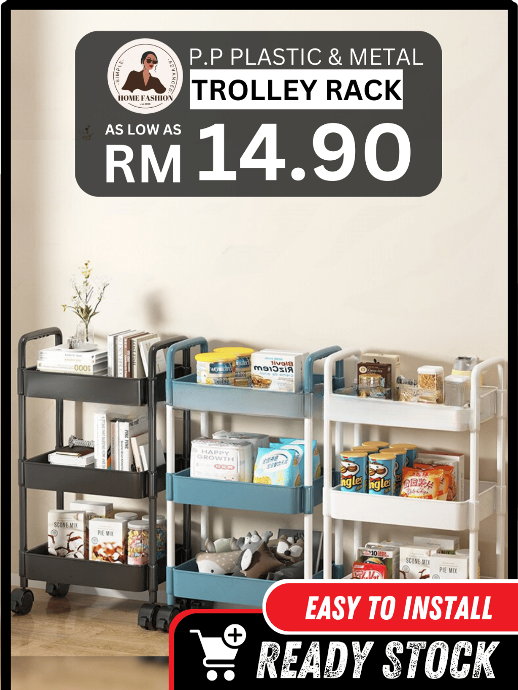 R3 (2 - 5 Tier Trolley Trolly Storage Racks) Office Shelves PP Plastic ...