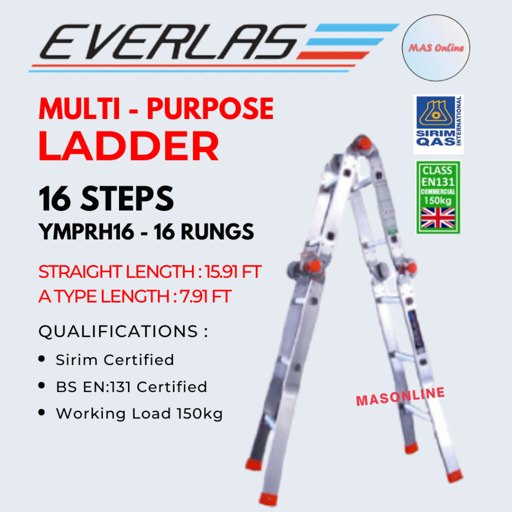 (Sirim) EVERLAS Tangga Lipat 16 Steps Multipurpose Ladder Multi purpose ...
