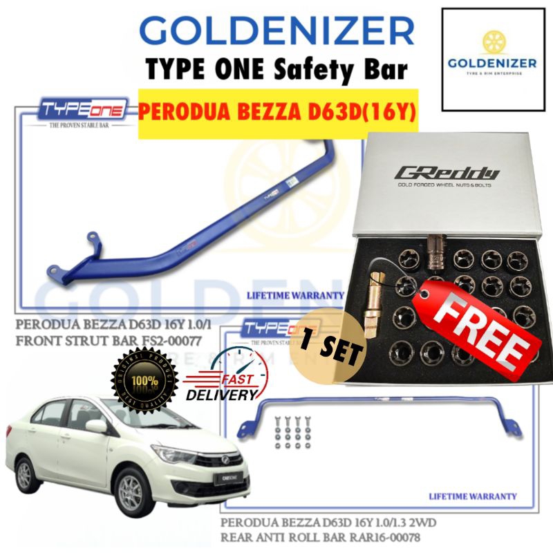 Type one safety bar Perodua bezza D63D 2016y front strut bar & rear ...