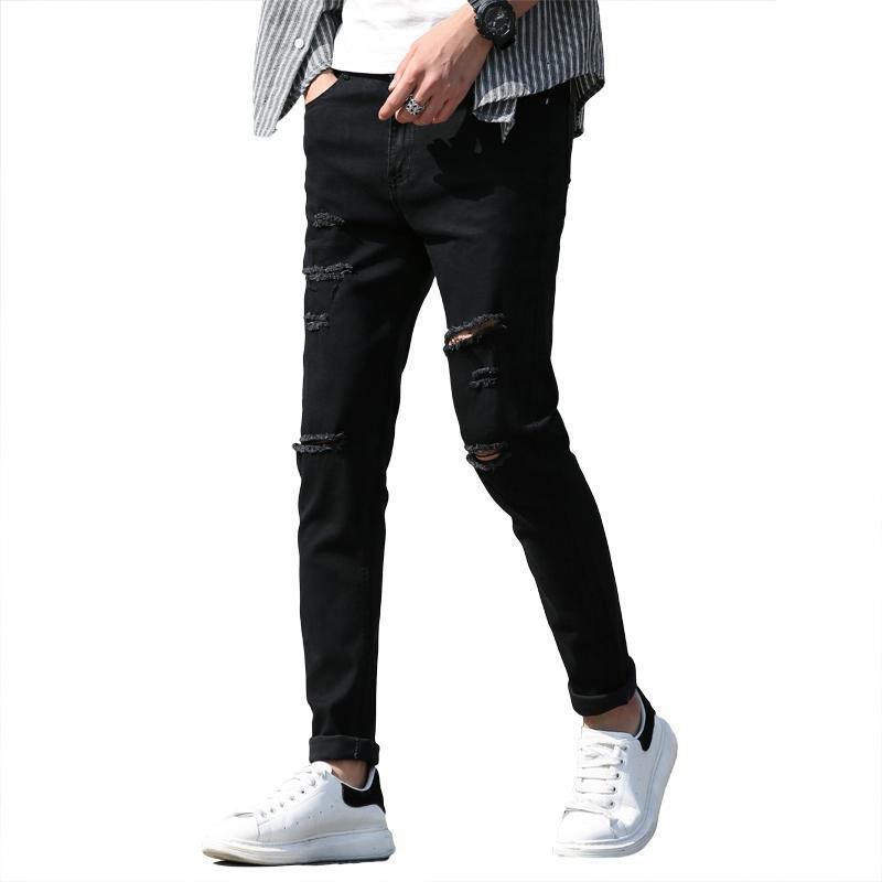Korean style trendy brand black scratched ripped jeans men s slim feet  stretch ins beggar trousers - Main Image
