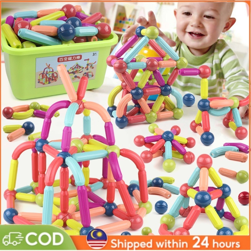 【24h】130pcs Kids Magnetic Stick Balls Building Toy Blocks With Storage ...
