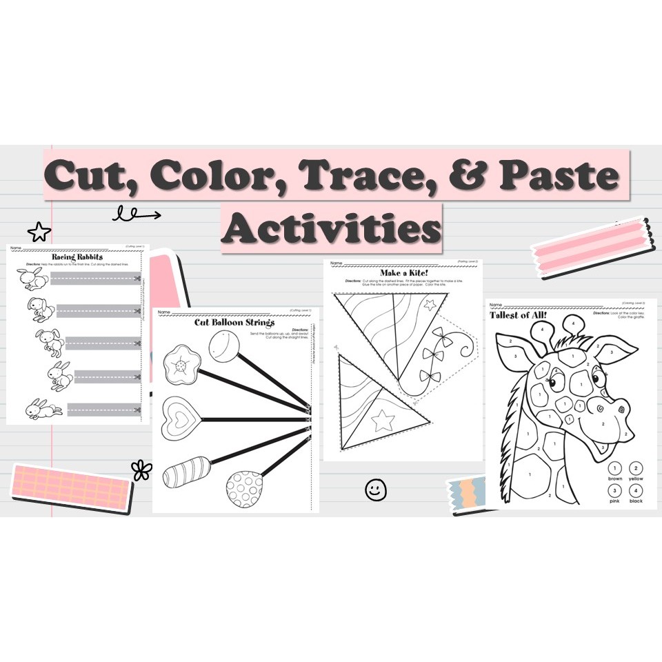 [P262] 58 pages Cut, Color, Trace, & Paste Activities Worksheet for Pre ...