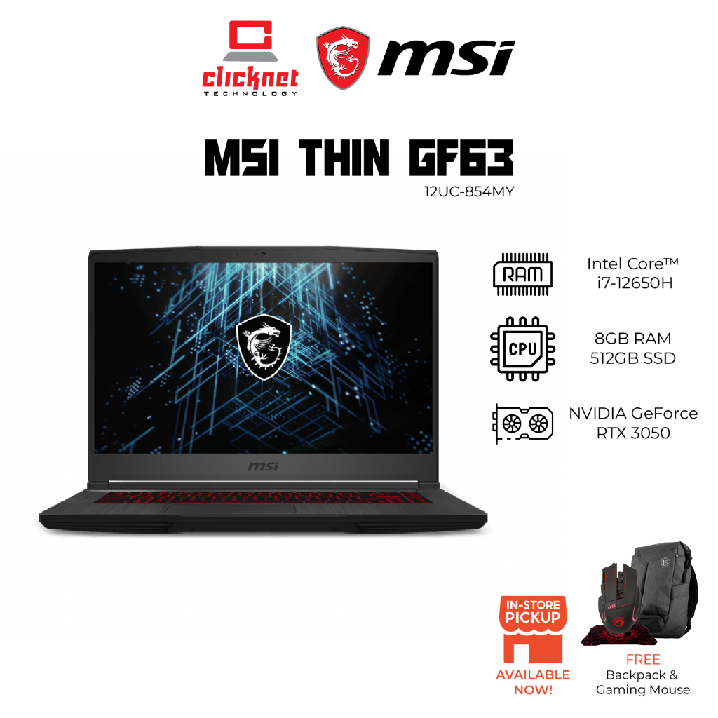 MSI THIN GF63 12UC-854MY / 854 LAPTOP ( I7-12650H ,8GB RAM, 512GB SSD ...