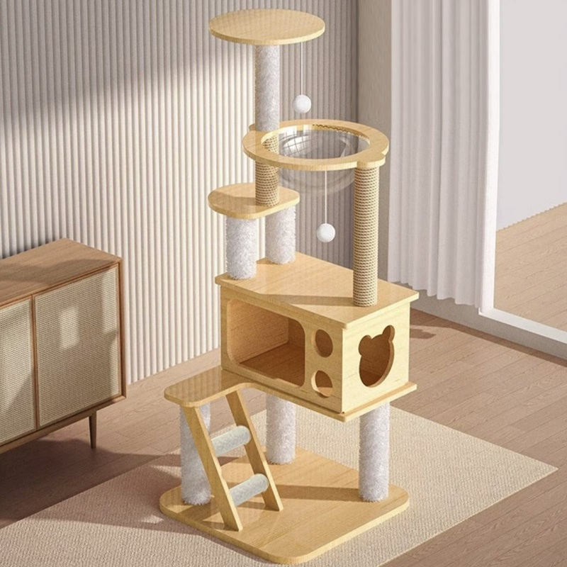Large Cat Tree with Clear Bowl for Indoor Cats, Solid Wood Cat Tree