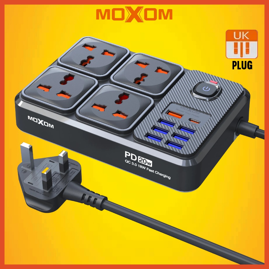 MOXOM MX-ST15 EXTENSION 4 POWER SOCKET + 7 USB + 1PD 20W USB C QC 18W ...