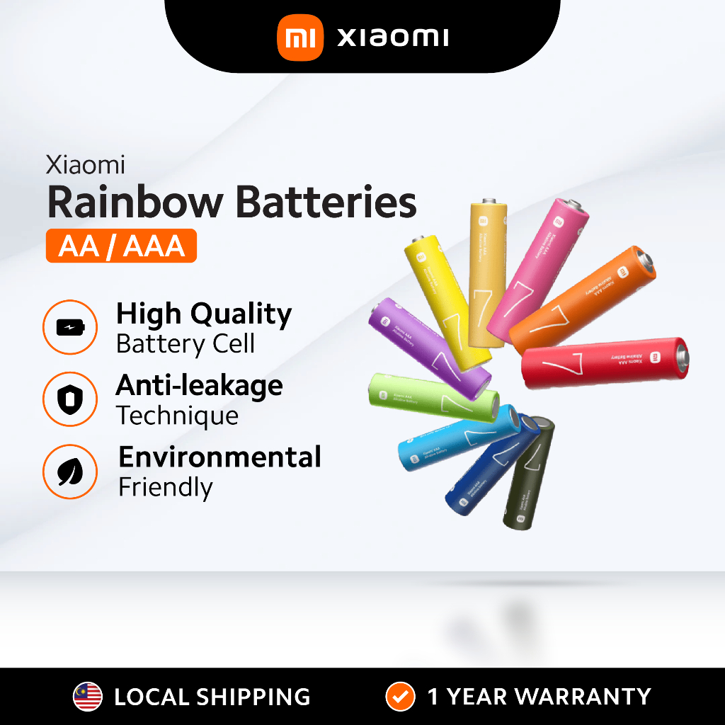 Xiaomi AA/AAA Rainbow Batteries (10 Count) Alkaline Battery Colorful AntiLeakage Shopee