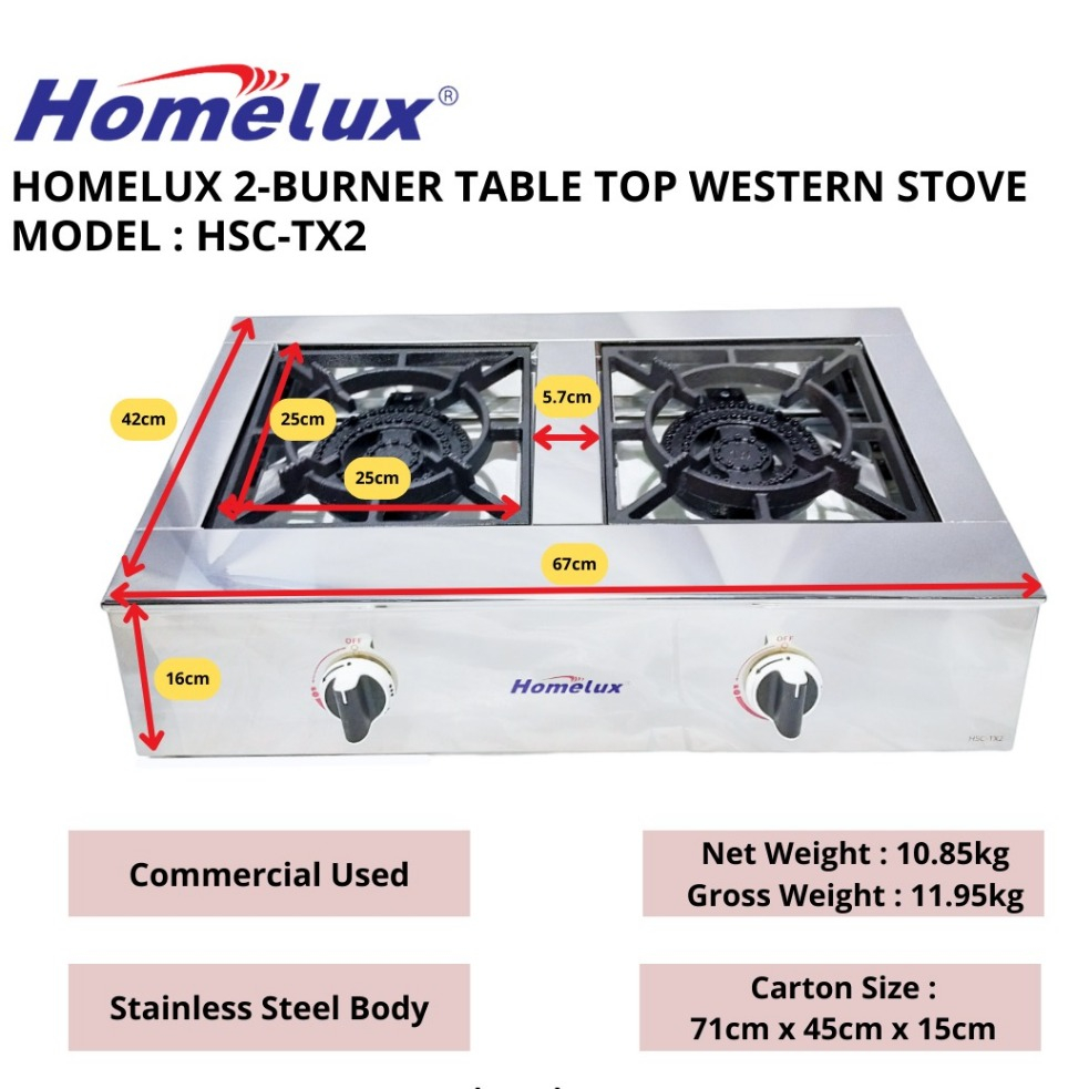 Homelux Gas Cooker Hsc Tx Table Top Western Gas Stove Burner Stainless Steel Body Cast Iron