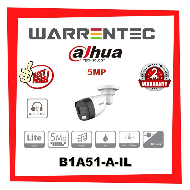 AHUA 5MP SMART DUAL LIGHT HDCVI FIXED-FOCAL BULLET CAMERA - B1A51-A-IL ...