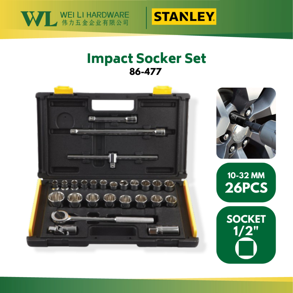 STANLEY 1/2” x26 Pcs Driver Socket Set 10-32mm 12 Point 86-477 ...