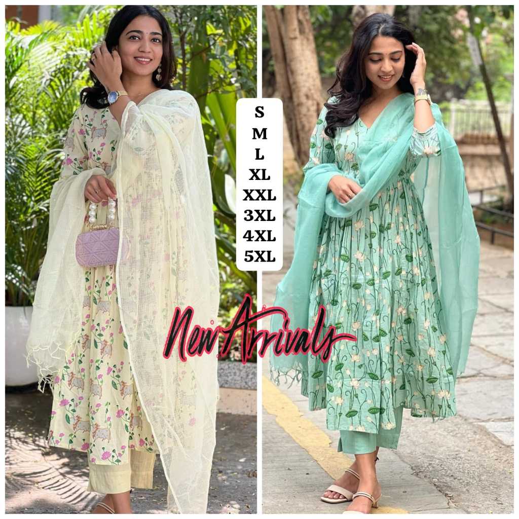 Women’s Plus Size Muslin Printed Kurta Pant Dupatta Set – 4XL to 6XL main image 1