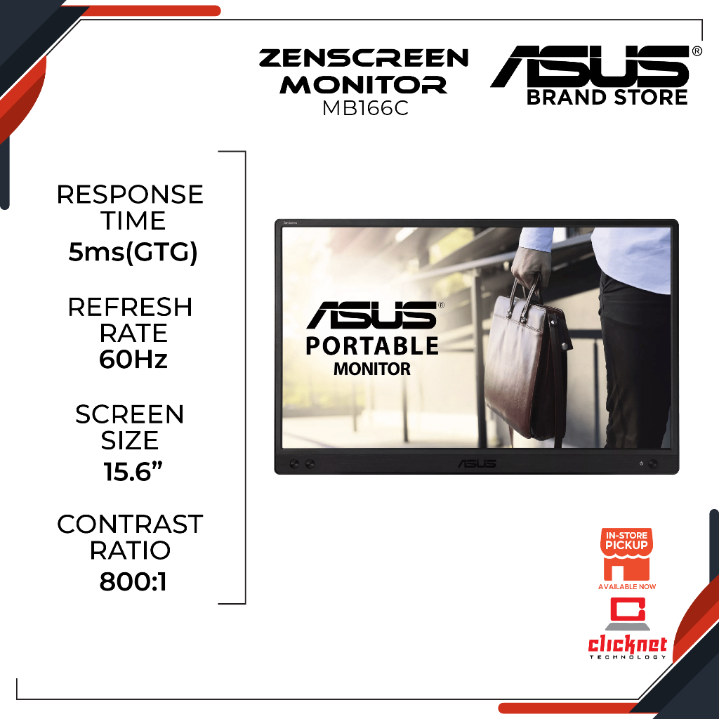 ASUS ZENSCREEN MB166C 15.6″ IPS 5ms 60Hz FHD PORTABLE TYPE C MONITOR ...