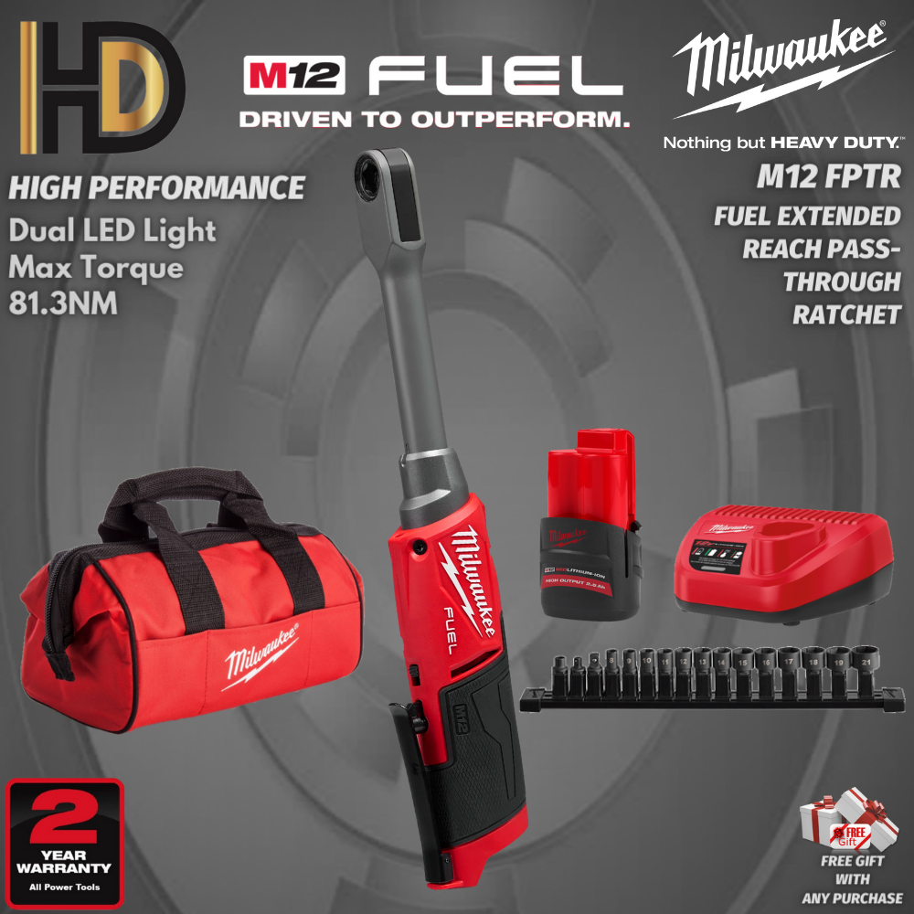 Milwaukee M12 FPTR Fuel Insider Extended Reach Pass Through Ratchet / Full Accessories