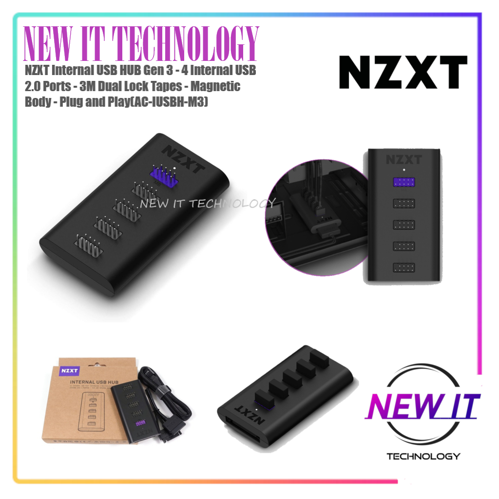 NZXT Internal USB HUB Gen 3 - 4 Internal USB 2.0 Ports - 3M Dual Lock ...