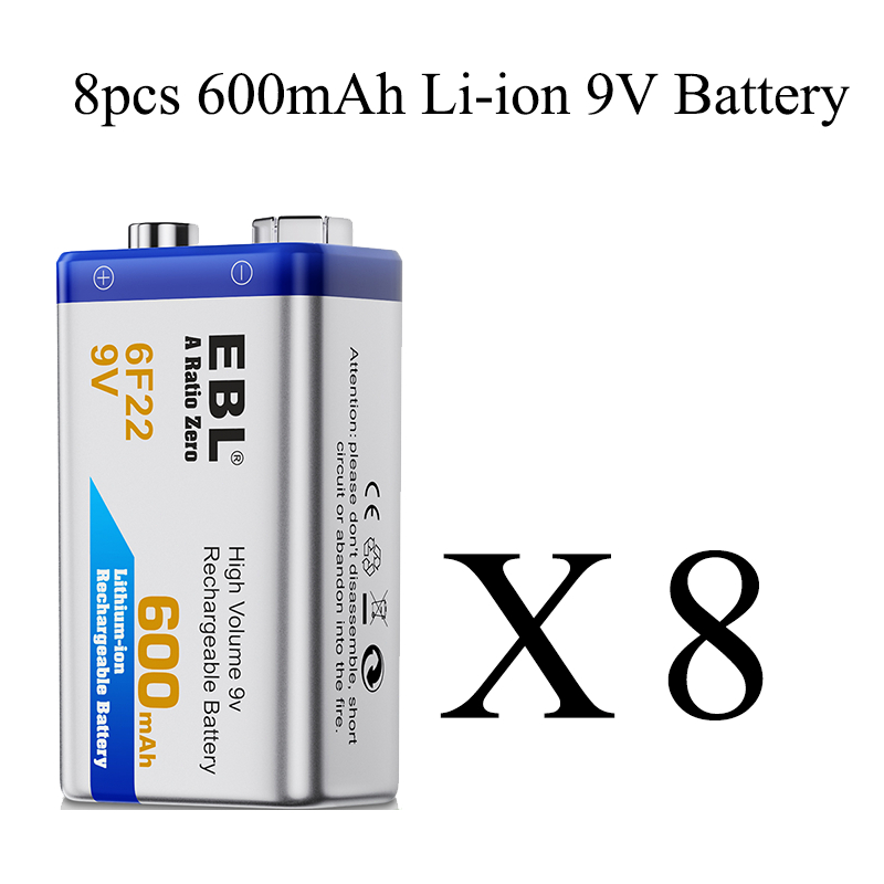 EBL 7pcs 8pcs 280mAh 6F22 9V NiMH Battery 9V 600mAh Liion