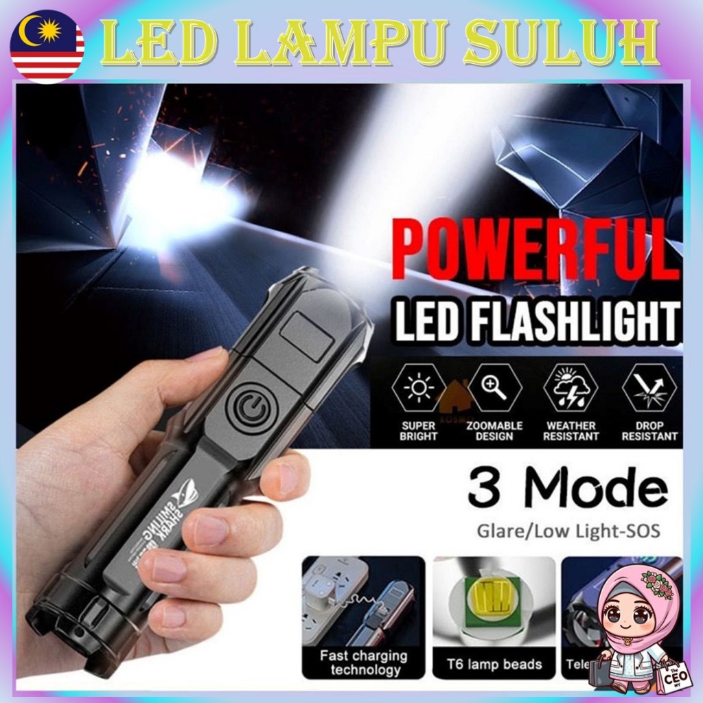🔥SMILING SHARK🔥 3 Modes Flashlight LED Torchlight Strong Rechargeable ...