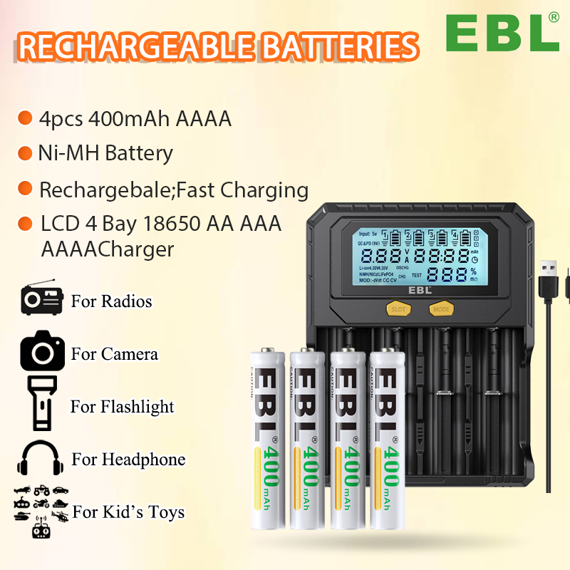 EBL 4pcs 400mAh NiMH AAAA Rechargeable Battery Fast Charging With 4