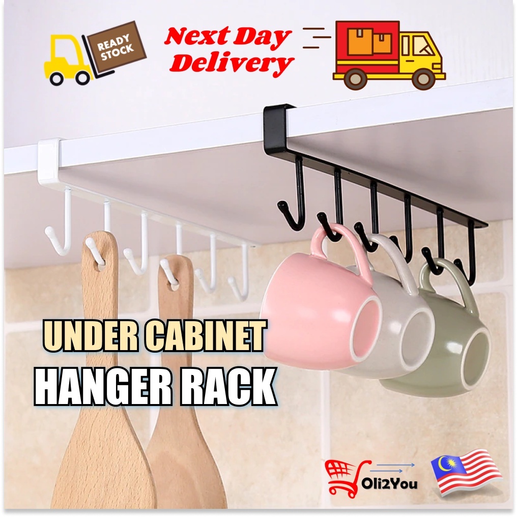 6 Hooks Metal Under Shelf Mug Cup Cupboard Kitchen Organiser Hanging ...