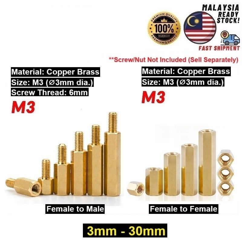 M3 Brass Screw Thread PCB Stand-off Spacer Female to Female/Male ...