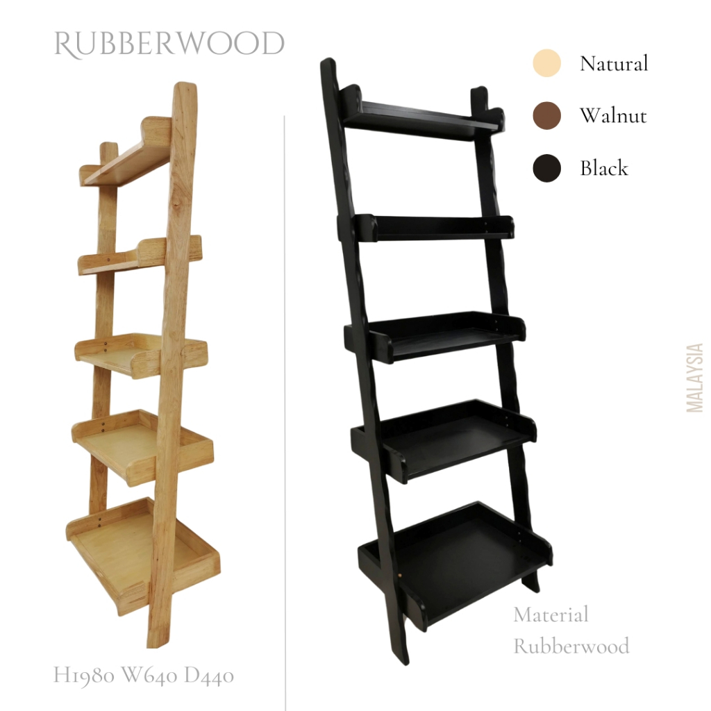 Modern Solid Rubberwood 5-Tier Leaning Ladder Wall Bookshelf Organizer ...