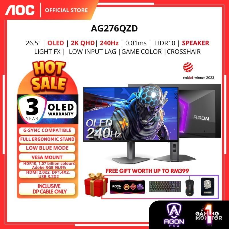 AOC AGON PRO AG276QZD 27" OLED GAMING MONITO (QHD / 240Hz 0.01ms/10 bits colour /HDR10/ Height