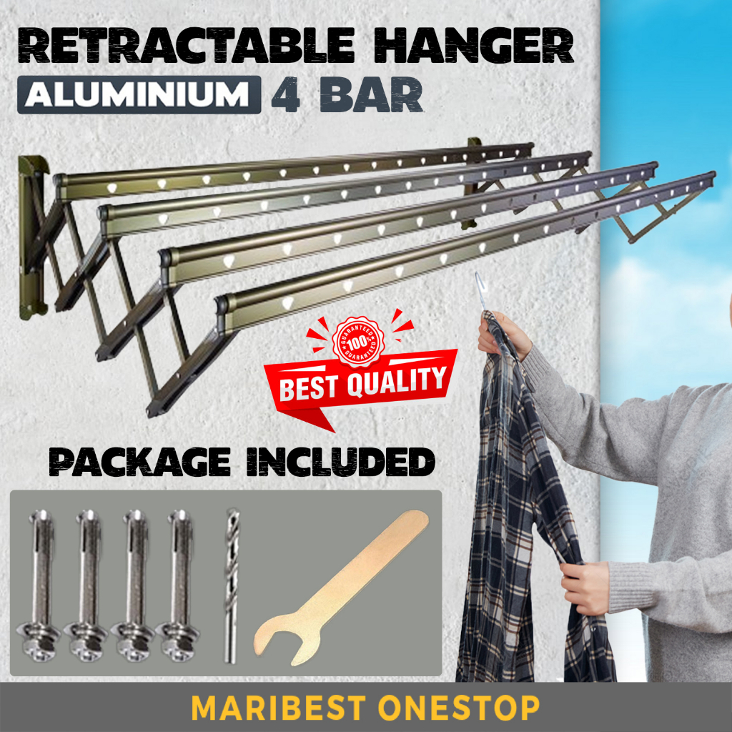 4 Bar 1.22M Aluminium Wall Mounted Retractable Cloth Hanger Drying