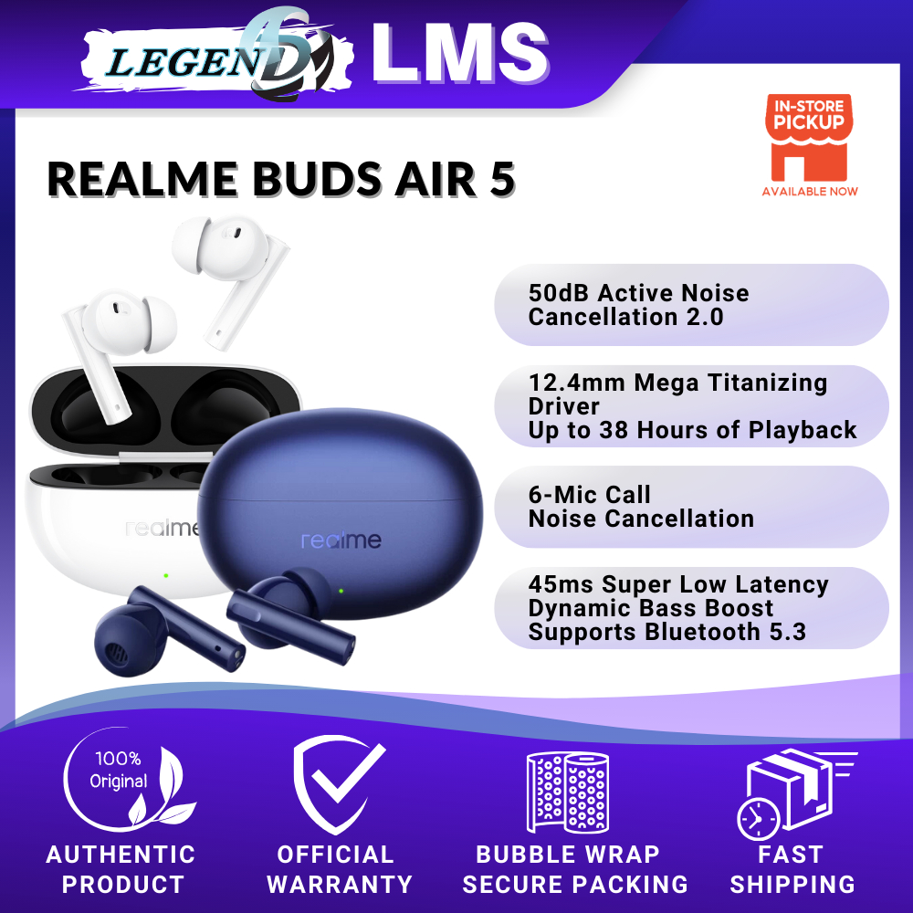 Original Realme Buds Air 5 TWS Earphone 50dB Active Noise Cancelling True  Wireless IPX5 Waterproof Bluetooth 5.3 Headset