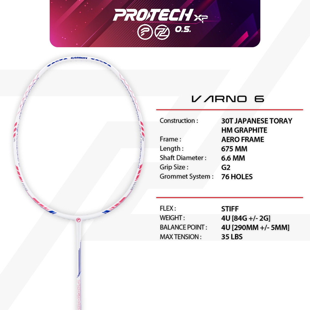 PROTECH Badminton Racket Varno 6 White/Pink (4UG2) (MAX 35LBS) (FREE