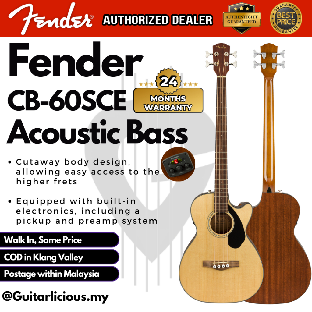 Fender Cb 60sce 4 Strings Acoustic Bass Guitar With Cutaway And Active Preanp Laurel Fb 8534