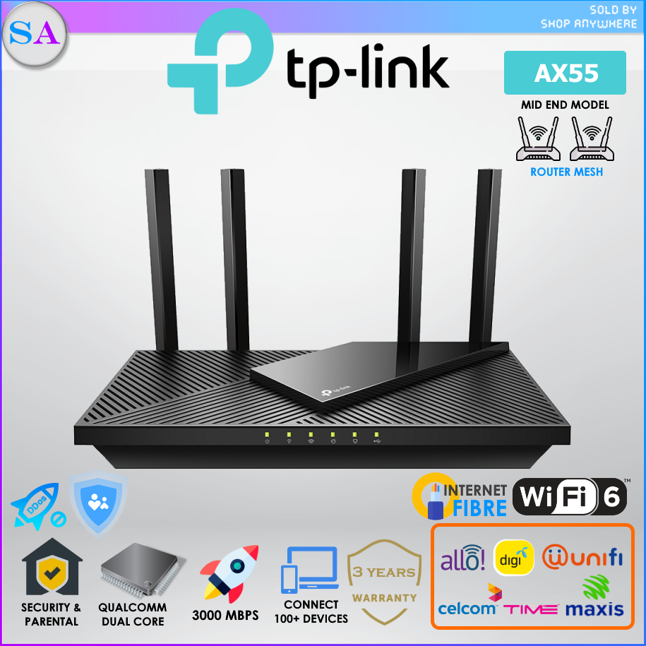 TP-Link Archer AX55 AX3000 Dual Band Gigabit WiFi 6 Router Mesh WiFi ...