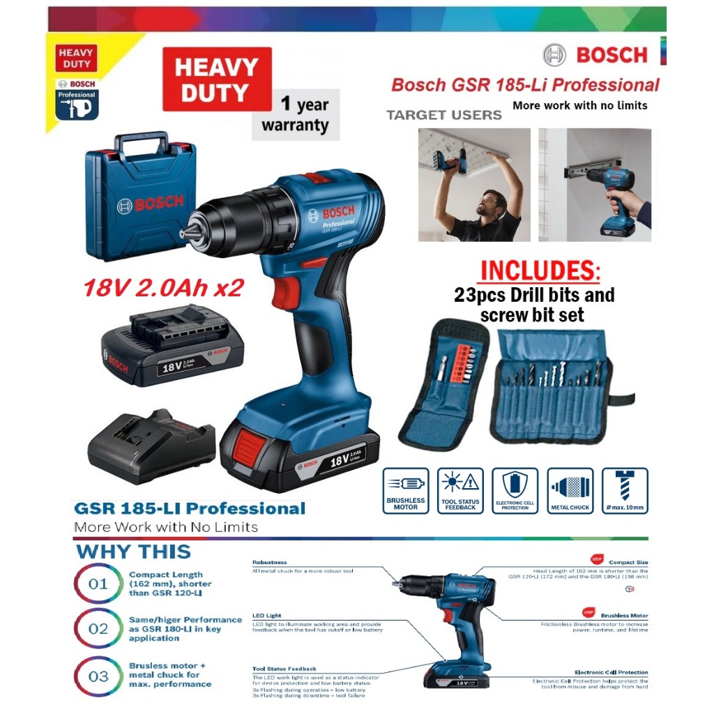 Bosch GSR 185-Li Brushless Metal Chuck Cordless Drill Driver | Shopee ...
