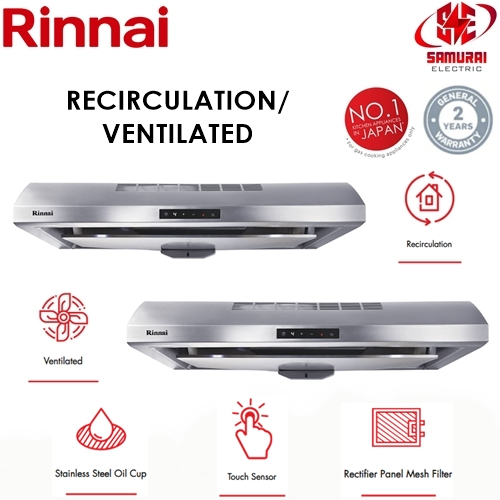 RINNAI SLIM COOKER HOOD 90CM RECIRCULATION RHS259SSRT/ VENTILATED
