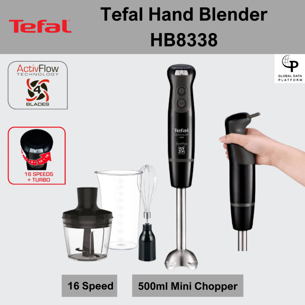 Tefal Optitouch Hand Blender HB8338 with ActivFlow Technology, 16 Speeds, 500ml Mini Chopper