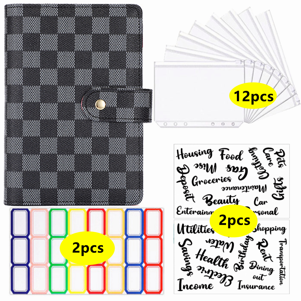 Checkerboard Cover A6 Binder with 12pcs Zipper Pockets Cash Planner ...