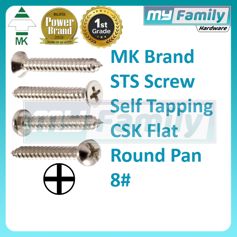 MK Brand 100 Pcs/Pack STS Self Tapping Screw CSK Flat Round Pan Head 8 ...