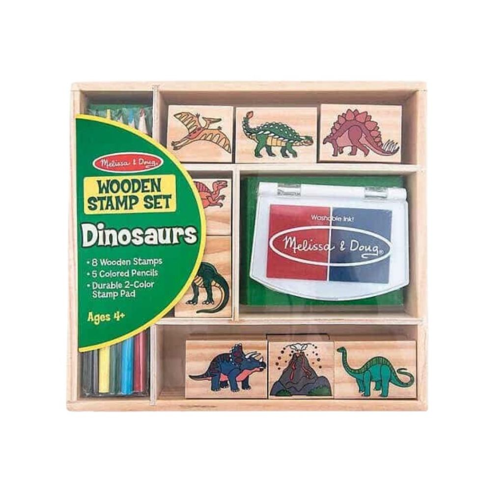 Melissa & Doug Wooden Stamp Set Dinosaurs 8 Stamps, 5 Colored