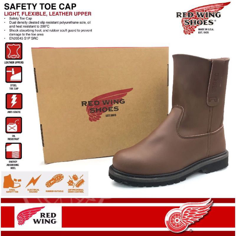 Cow Leather Top Safe Red Wing Pecos 8241 Heavy Duty Anti Static Nail Proof Highcut Safety Boot Kasut Keselamatan
