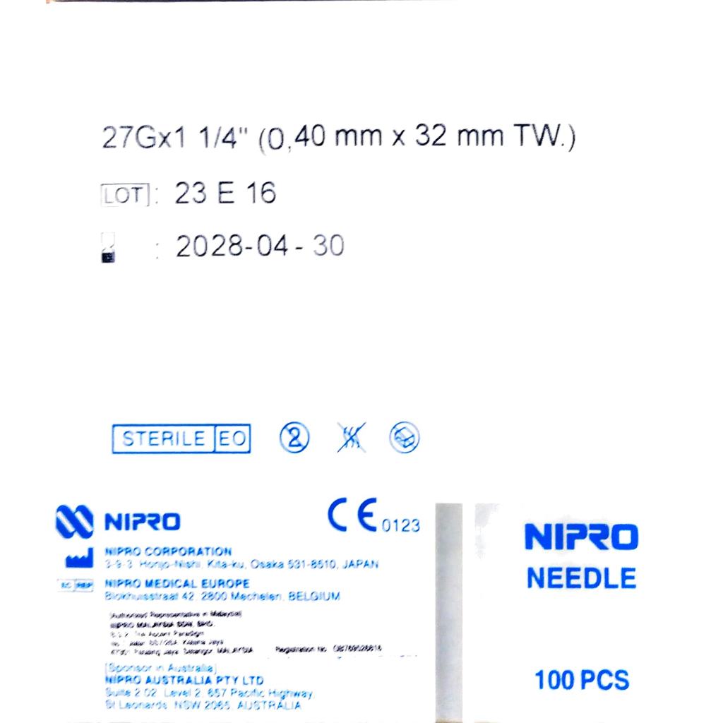 NIPRO MEDICAL NEEDLE 27G X 1 1/4 INCH (32mm) - 100's ( 5 BOXES + 1 box ...