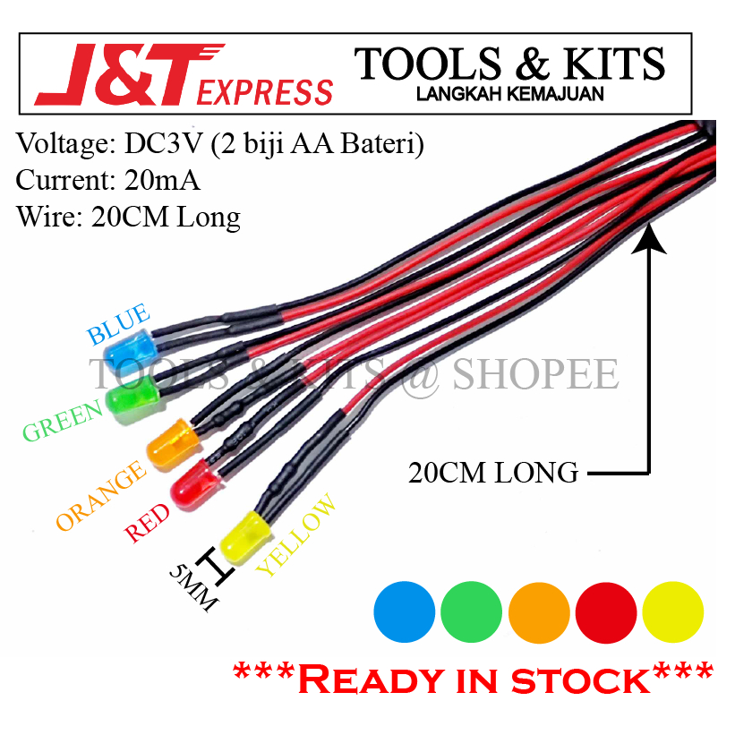 5MM LED with 20cm Red & Black Wires 3V Red/Green/Yellow/Orange/Blue ...