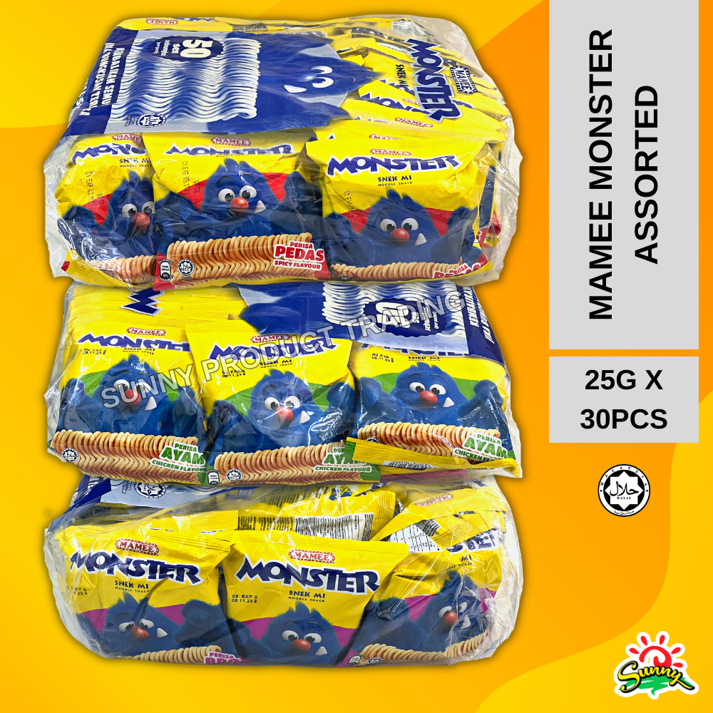 Mamee Monster Snek Mi Variety Pack Hot & Spicy, Chicken, and Barbecue Halal Certified 25g x