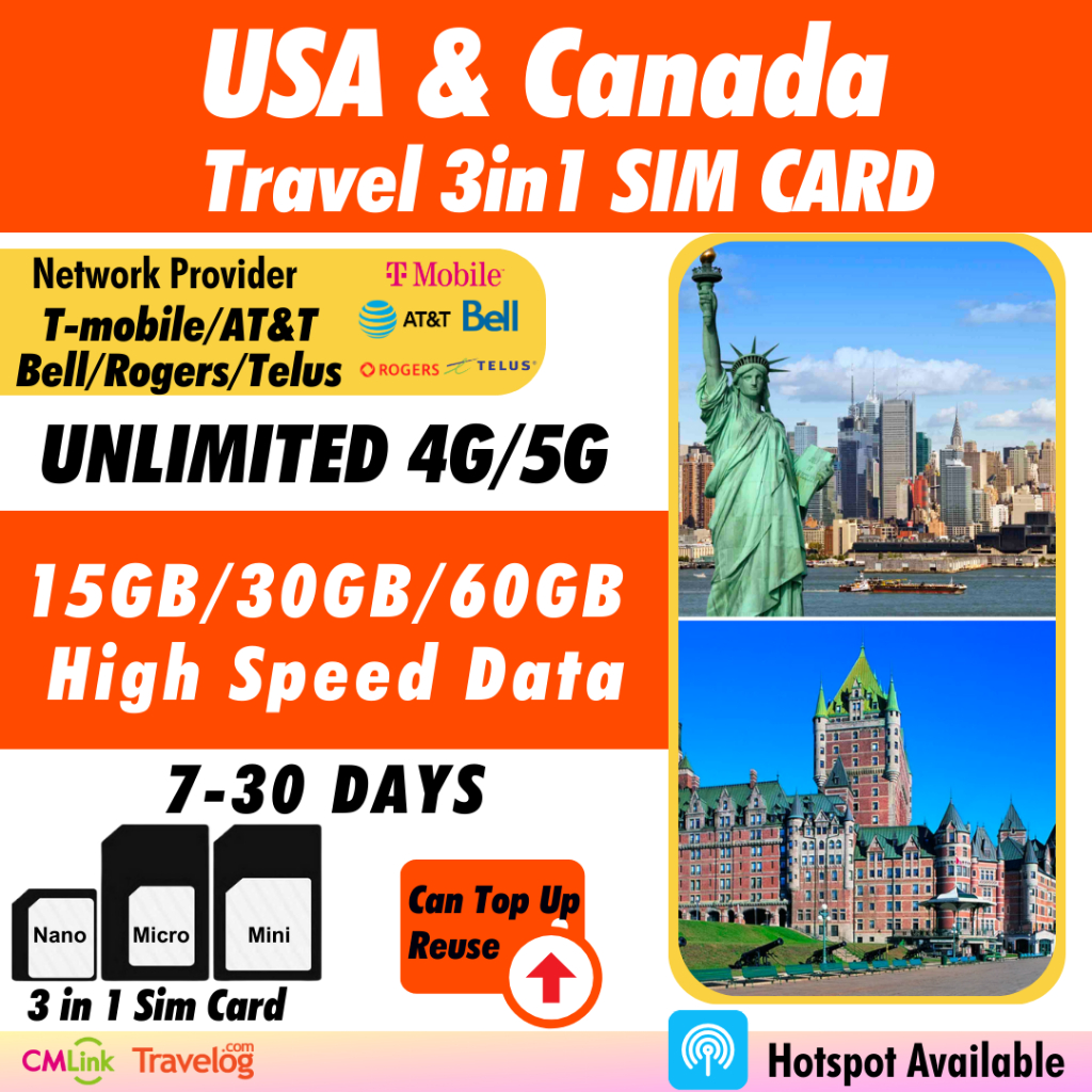 [USA & Canada Physical SIM] [730 Days] 4G High Speed Unlimited Data Travel Prepaid SIM Card (T